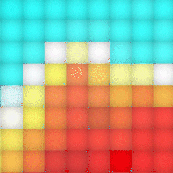 Multi-coloured square grid pattern with turquise, white, yellow, orange and red.