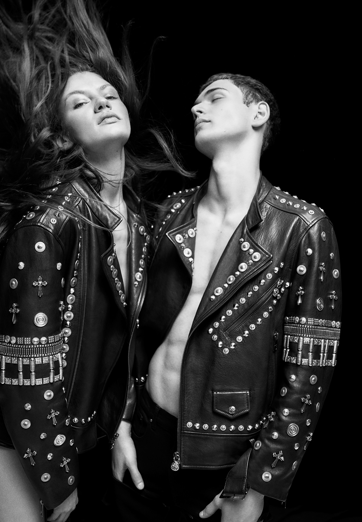 Man and woman wearing G Fashion leather jackets